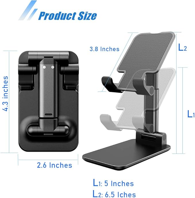 Phone Stand for Desk, Cell Phone Holder Cute Smart Cellphone Stand Foldable Stands Compatible with Under 8" Devices, Office Accessories, Black, 2
