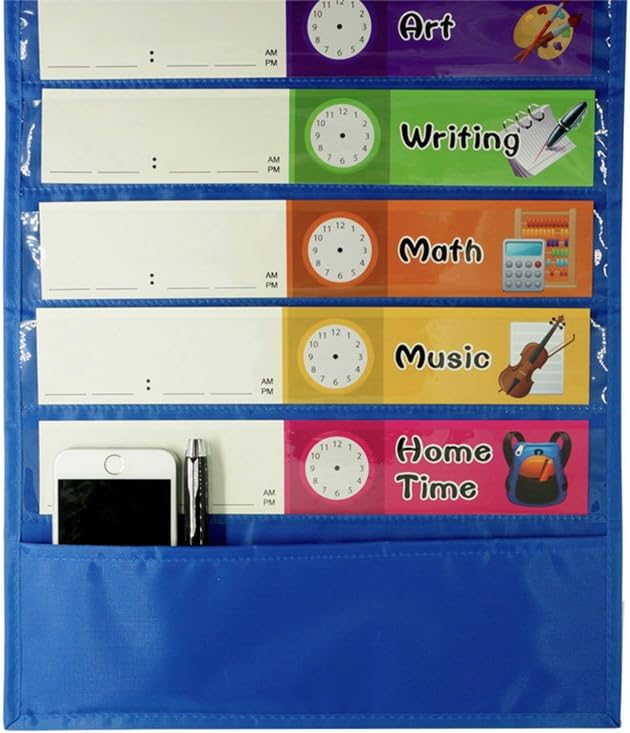 Daily Schedule Pocket Chart， Class Schedule with 26 Cards, 13+1 Pockets. 13 colored + 13 blank double-sided reusable Cards, Easy Over-door Mountings included. (13” x 36”)