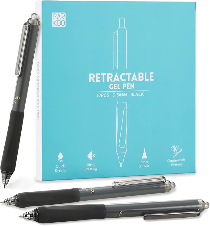 ParKoo Gel Pens, 12 Pcs 0.5mm Retractable Quick Dry Black Ink Pens | Click Silent, Comfort Grip, Fine Point Smooth Writing Pens for Teachers, Nurses, Cute Stationery Office School Supplies