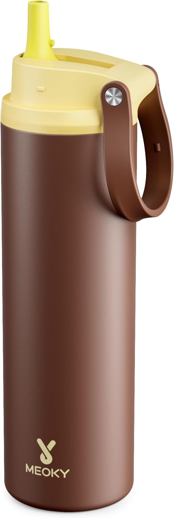 Meoky 24 oz Insulated Stainless Steel Water Bottle: Flip-to-Pop Straw, Leak Proof, 24H Cold, Fits in Car Cup Holder, Carry Loop, BPA-Free, Wide Mouth Water Bottle for Adults Gym Bag, Honey