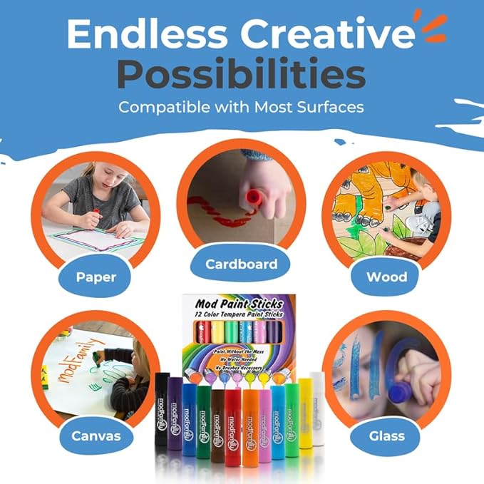 Washable Tempera Paint Sticks for Kids 12 Count - ModFamily Mod Paint Sticks- Non-Toxic Quick-Drying Paint Markers, Mess-Free Art Set for Toddlers & Children – No Water or Brushes Needed