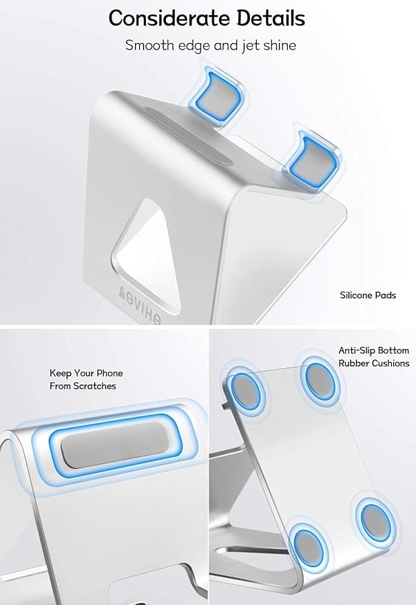Aoviho Cell Phone Stand for Desk, Desktop Phone Holder, Aluminum Mobile Phone Stand for iPhone 15 14 13 12 pro Mini 11 X Xr Xs max 8 7 6 6s Plus Samsung Galaxy S21 Ultra All Smart Phones,Silver