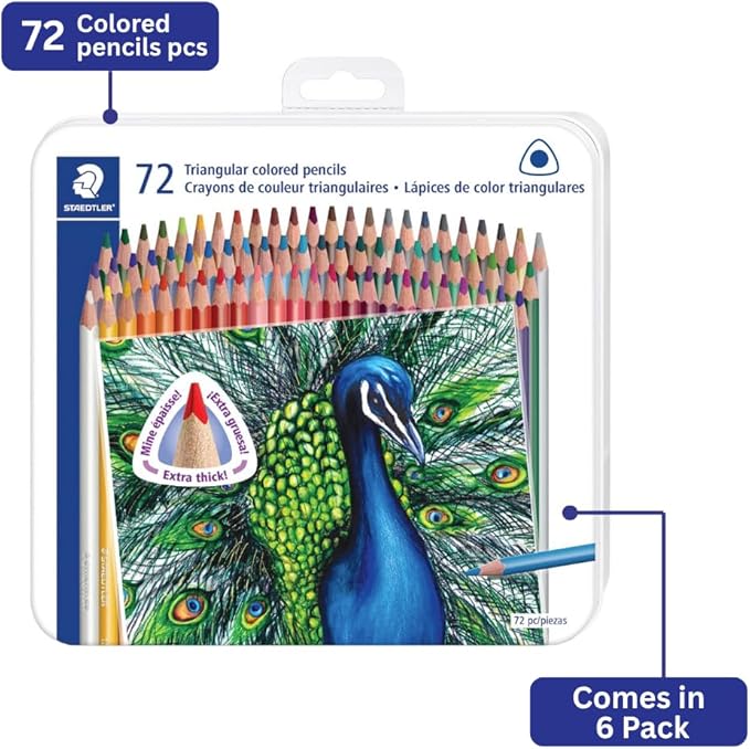 STAEDTLER Colored Pencils Set 6-Pack (6 Sets of 72 pcs) - Ergonomic Triangular Barrel, Smooth 4mm Lines, Wood - 72 Vibrant Colors in Tin, for Artists & Students, 432 Count