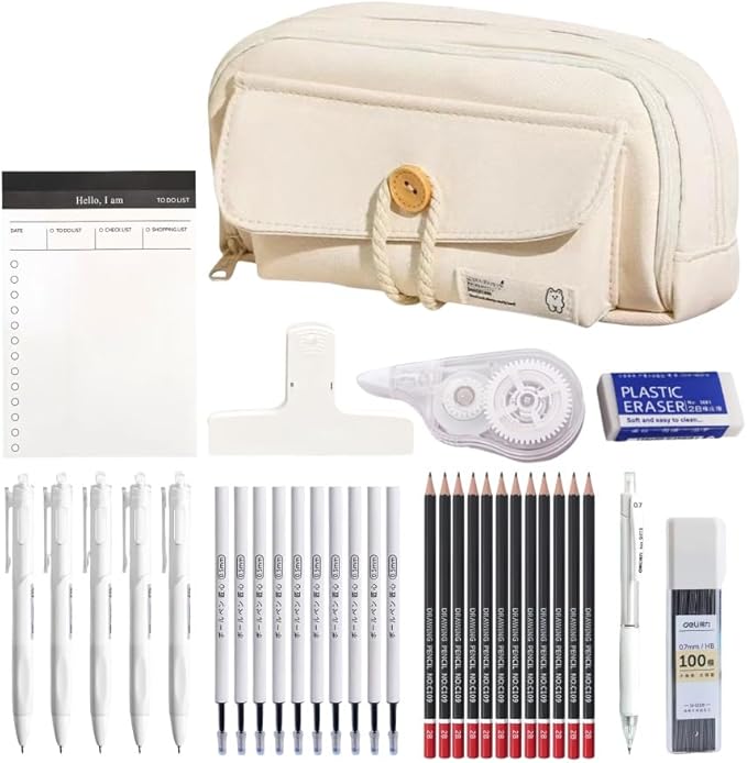 Simple Style Cotton Rope Pencil Holder - Large Capacity Multi-layered Pencil Case Organizer, Aesthetic Minimalist Fabric Pen Pouch with Zipper, Durable Eco-Friendly Pen Pouch Bag (White Set)