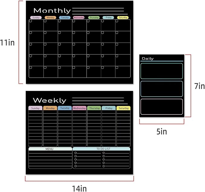 Hivillexun Black Magnetic Dry Erase Calendar for Fridge - 3 Pack Monthly, Weekly & Daily Planner Set (14"x11"), Includes 8 Neon Ultra-Fine Tip Markers & Large Eraser, Reusable Whiteboard for Kitchen