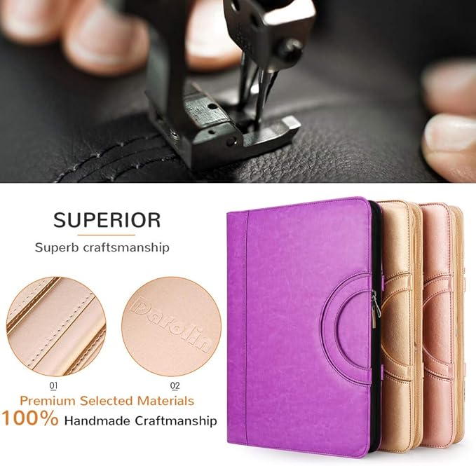 Darolin Vegan Leather Padfolio Portfolio with Handle & Clipboard, Zippered Business Portfolio Organizer for Meetings, Interviews & Travel, Fits A4 & Letter Size, Padfolio for Men Women (Gold)
