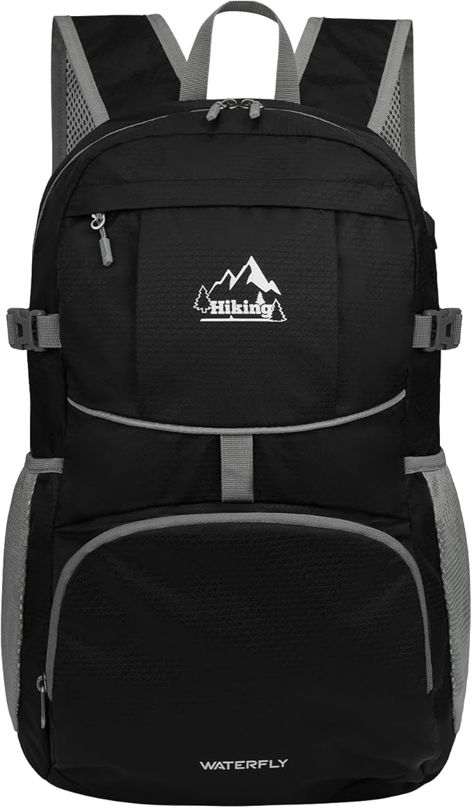 WATERFLY Hiking Packable Daypack Backpack: 35L Ultra Lightweight Day Pack for Women Men - Large Foldable Back Pack for Outdoor Sport Cycling Camping Travel Trip - Black