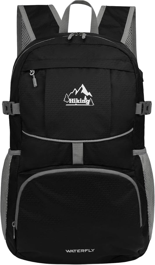 WATERFLY Hiking Packable Daypack Backpack: 35L Ultra Lightweight Day Pack for Women Men - Large Foldable Back Pack for Outdoor Sport Cycling Camping Travel Trip - Black
