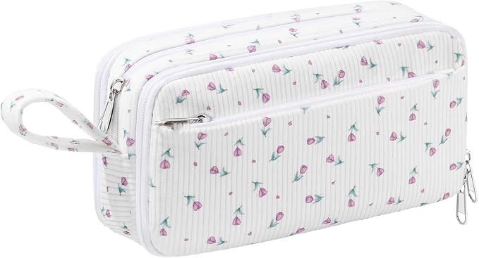 Corduroy Pencil Case, Large Capacity Pencil Pouch with 4 Compartments, Cute Soft Aesthetic Stationery Pen Bag Organizer with Zipper, Portable School Supplies for Teen and Adult Girls, Purple Flower