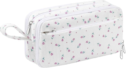 Corduroy Pencil Case, Large Capacity Pencil Pouch with 4 Compartments, Cute Soft Aesthetic Stationery Pen Bag Organizer with Zipper, Portable School Supplies for Teen and Adult Girls, Purple Flower