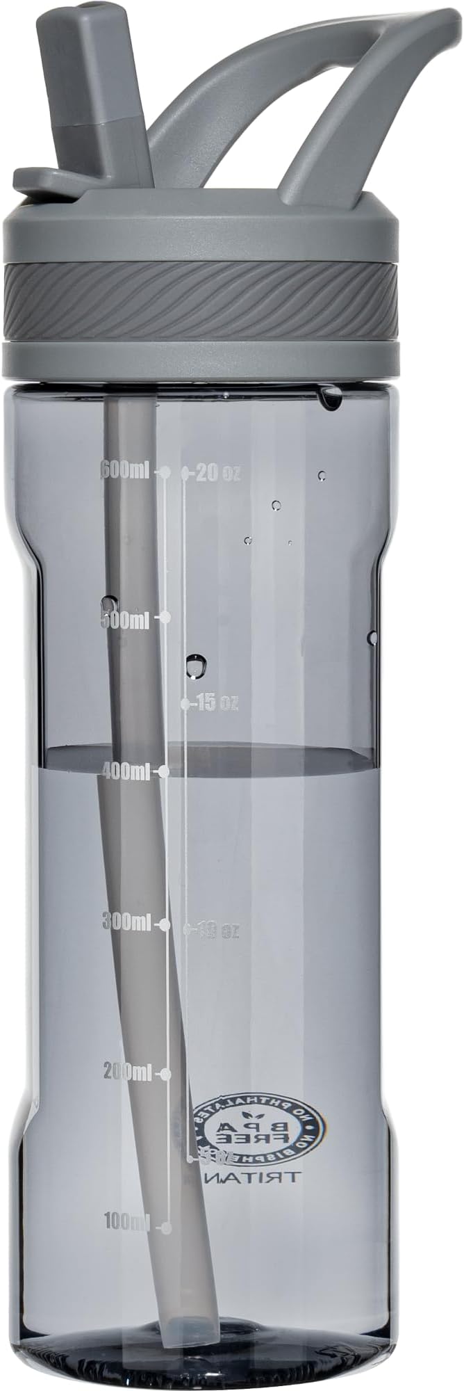 OLDLEY 20oz Kids Water Bottle with Straw, BPA-Free Tritan Water Bottle for School, Leakproof Clear Water Bottle with One Click Open, Measurement Scale, Cup Holder Friendly for Boys Girls,Grey