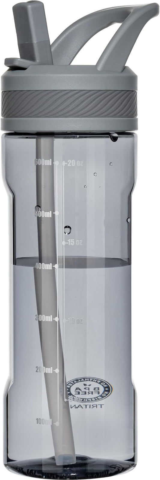 OLDLEY 20oz Kids Water Bottle with Straw, BPA-Free Tritan Water Bottle for School, Leakproof Clear Water Bottle with One Click Open, Measurement Scale, Cup Holder Friendly for Boys Girls,Grey