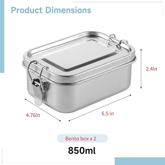 2 PCS Bento Boxes, 850 ML Stainless Steel Lunch Boxes, Food Storage Containers, Portable Metal Lunch Containers, Lockable Clips to Leak Proof, Reusable Dishwasher Safe Lunch Snack Boxes