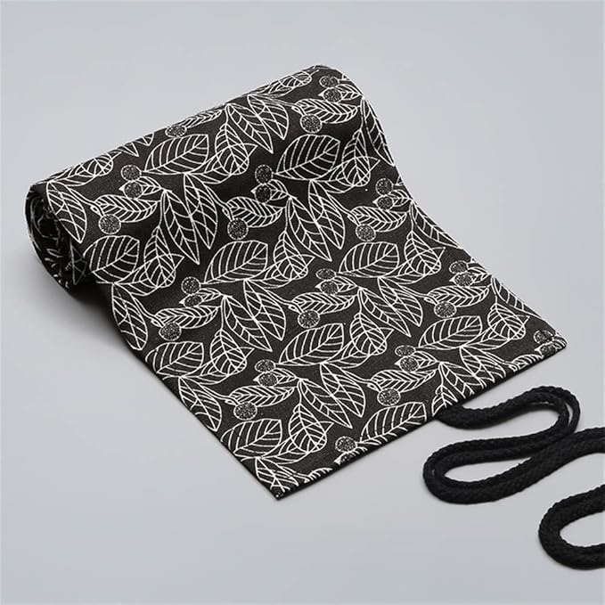 DIYOMR 24/36/72 Slots Pencil Wrap Pencil Rolls, Artist Colored Pencils Roll Up Bag Short Brushes Pouch Case Pencils Organizer for Drawing Coloring and Sketching (Black Leaves, 72slots)