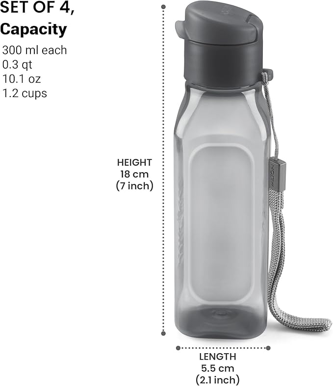 Bulk Set of 4 10oz Multicolor Water Bottles for Kids and Adults - Leak Proof With Carry Strap - Square Reusable for Juice, Drinks - BPA-Free Dishwasher-Safe