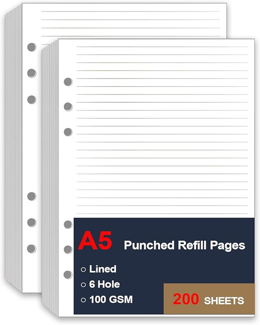 (2 Pack) A5 Lined Paper Refill, 6 Hole Refills Paper for 6 Ring Refillable Binder, A5 Filler Paper, Loose Leaf Paper for Filofax Planner Refills, Organizer, 200 Sheets/400 Pages, 100gsm, 5.8 x 8.2 In