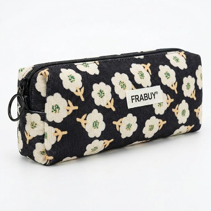 Soft Corduroy Pencil Case Pen Pouch Organizer, Small Stationery Bag | Cute black plum blossom pencil pouch, smooth zipper, daily cosmetics holder, compact organizer for school teen girls, women