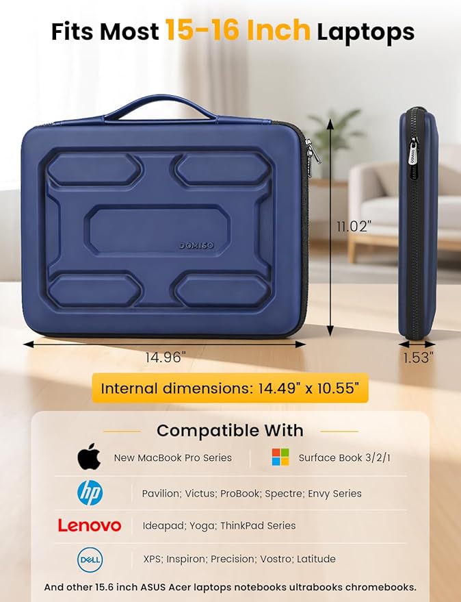 DOMISO Laptop Hard Case 15-16 inch Waterproof Shockproof Hard Shell Laptop Sleeve with Handle & Storage Pocket, Compatible with MacBook, HP, Dell, Dark Blue