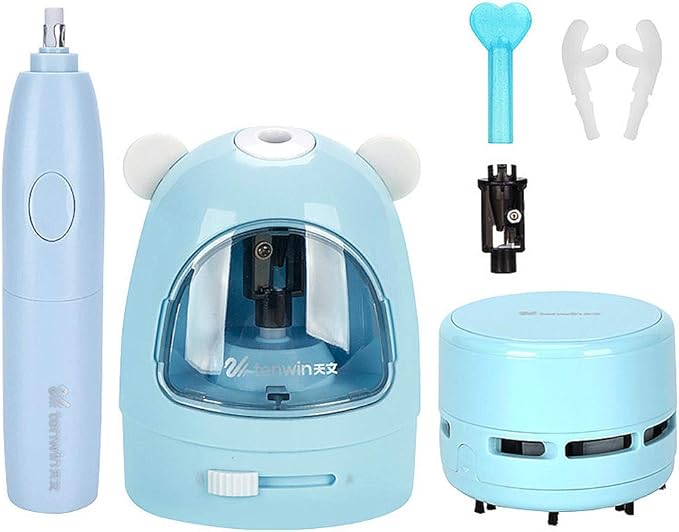 Electric Pencil Sharpener Stationery Set Gift Box Desktop Vacuum Cleaner Electric Eraser with Replacement Blade, Eraser, Battery Operated Automatic Sharpener, Blue