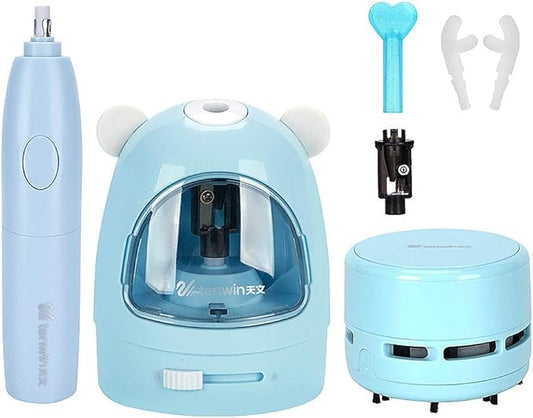 Electric Pencil Sharpener Stationery Set Gift Box Desktop Vacuum Cleaner Electric Eraser with Replacement Blade, Eraser, Battery Operated Automatic Sharpener, Blue