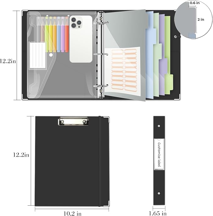 3 Ring Binder Organizer, 1 Inch Three Ring Binders with Clipboard, 5-Tabs Pockets Dividers, Transparent Plastic Folder, Pen Loop, 18 Divider Stikers, BVSSX Decorative Binder,Black, Letter Size
