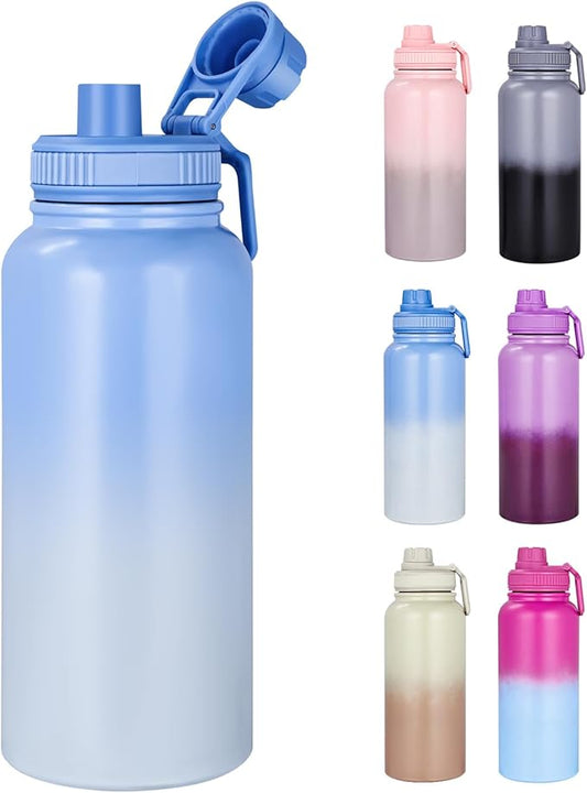 Gulex Motivational Water Bottle 32oz with Time Marker- Leakproof & BPA Free Sports Water Bottle with Straw & Carry Strap for Gym, Travel and Outdoor Sports (Stainless steel insulation-Blue)