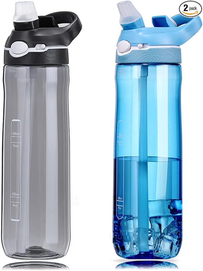 DEARART 2-Pack 24oz Light Blue & Black Water Bottles With Straw, Leakproof BPA FREE Hidden Nozzle, Flip Up Lid Has Handle Wide Bottle Easy Clear, Suit Office Outdoor Sports Travel Gym.