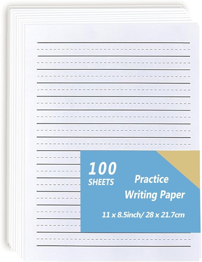 Handwriting Paper Kindergarten for Kids, Ruled Practice Writing Paper for Kids, 100 Sheets, 100gsm White Writng Papers, 8.5 x 11 Inch Writing Paper with Lines for Kindergarten