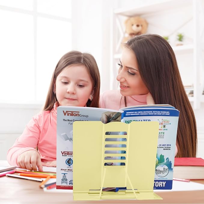 Honagu Book Stand Metal Desk Book Holder, Book Holders for Reading Hands Free, Adjustable Cookbook Documents Holder, Portable Bookstand for Music Books, Textbook, Recipe, Tablet, Ipad（Light Yellow）