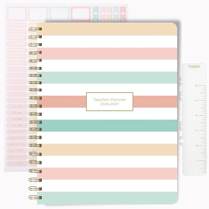 Teacher Planner 2026-2027, Horizontal Lesson Plan Book for Teachers | Pastel Striped, 8.5" x 11" | Weekly & Monthly Academic Year Lesson Planner, July 2026-June 2027 | Stickers & Bookmark