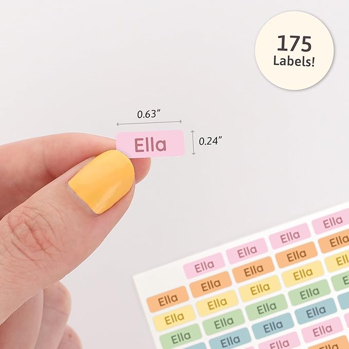 Mini Name Labels (175) - Custom Personalized Name Labels for Labeling Tiny Items, Washer and Dryer-Safe Waterproof Labels for Daycare, Preschool, and School - Pastel Rainbow