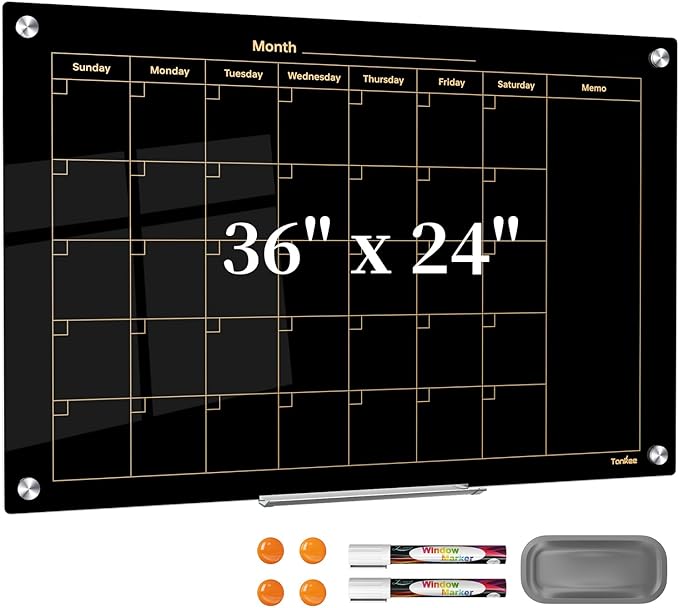 Glass Calendar Dry Erase Board for Wall, TANKEE 36x24 Inches Black Magnetic Glass Whiteboard, Large Monthly Calendar White Board for Office School Home Classroom Kitchen Wall