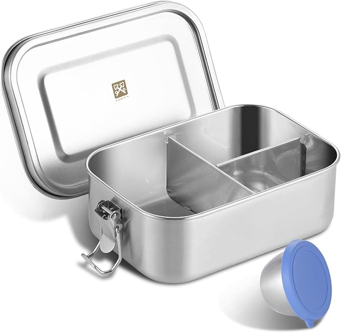 GOLDEN KEY 27oz Stainless Steel Bento Box Kids,800ml Lunch Box with Leakproof Condiment Container,3 Compartment Snack Containers for for On the Go Meal,Freezer & Dishwasher Safe (Blue)