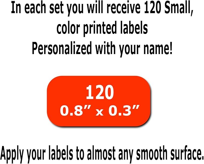 120 Small Personalized Waterproof Name Labels. Press and Stick Multi use Custom Mini Name Labels. Customized 2 Lines of Text and Color. Tiny Name Stickers with Permanent Self Adhesive.