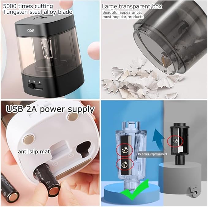 Electric Pencil Sharpener,5000 Times for Blade,Interchangeable Blade,3 Years Warranty,Battery/2A USB Powered,Suitable for 6-8mm,Extra Free Blades, for Home, Office, School (Black)