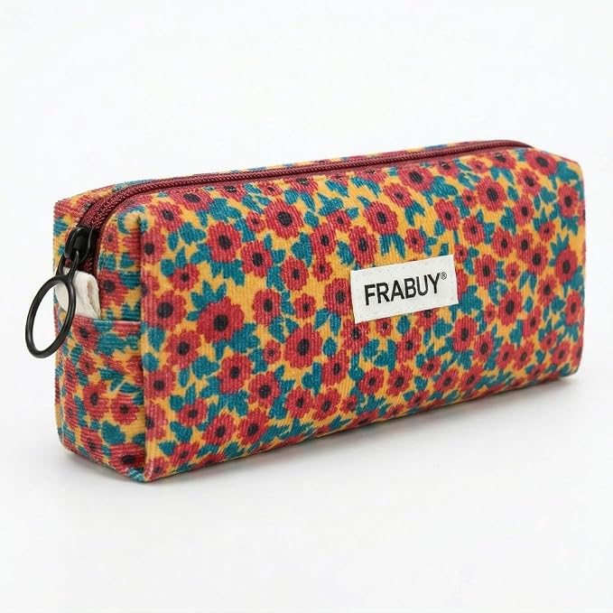Soft Corduroy Pencil Case Pen Pouch Organizer, Small Stationery Bag | Cute red flower zipper pencil pouch, smooth zipper, daily cosmetics holder, compact organizer for school teen girls, women
