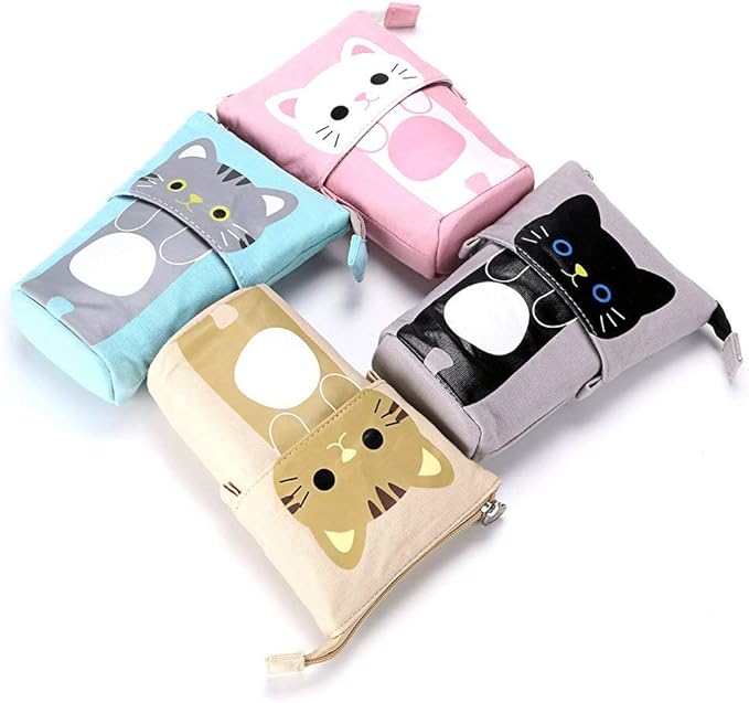 Telescopic Pencil Pouch Standing Pen Holder Cute Pencil Bags Stand Up Pen Case Cartoon Pencil/Pens Storage Box Canvas+PU Stationery Organizer Makeup Bag with Zipper Closure (Khaki)