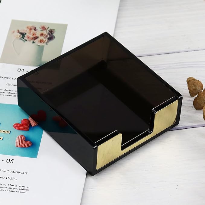 Acrylic Black and Gold Sticky Note Holder 3.7"¡Á3.7 Sticky Note Dispenser for Desk Cute Memo Notepad Holder for Office Supplies