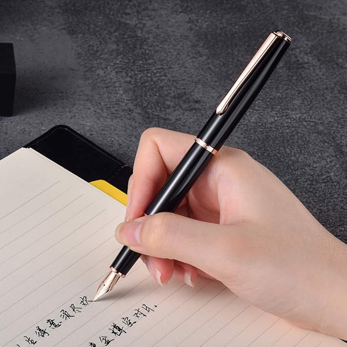 HongDian 920 Black Metal Fountain Pen, Rose Gold Plated Extra Fine Nib Smooth Writing Pen, Classic Pen with Ink Converter