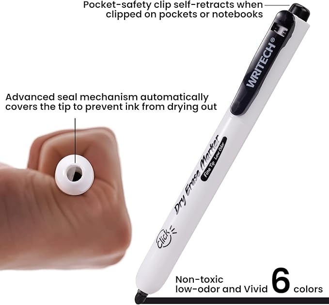 WRITECH Retractable Dry Erase Markers: Fine Point Clickable Colored Ink Marker Low Odor Erasable Thin Tip Refillable Multicolor Whiteboard Marker Pen Set 6ct No Smear Bleed