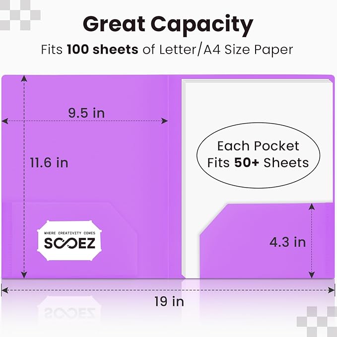Sooez 6Pack Folders with Pockets, Pastels Colors, Heavy Duty Pocket Folder, Plastic Folders with Pockets, 2-Pocket Folder Bulk, Aesthetic File Folder, Back to School Office Filing Supplies