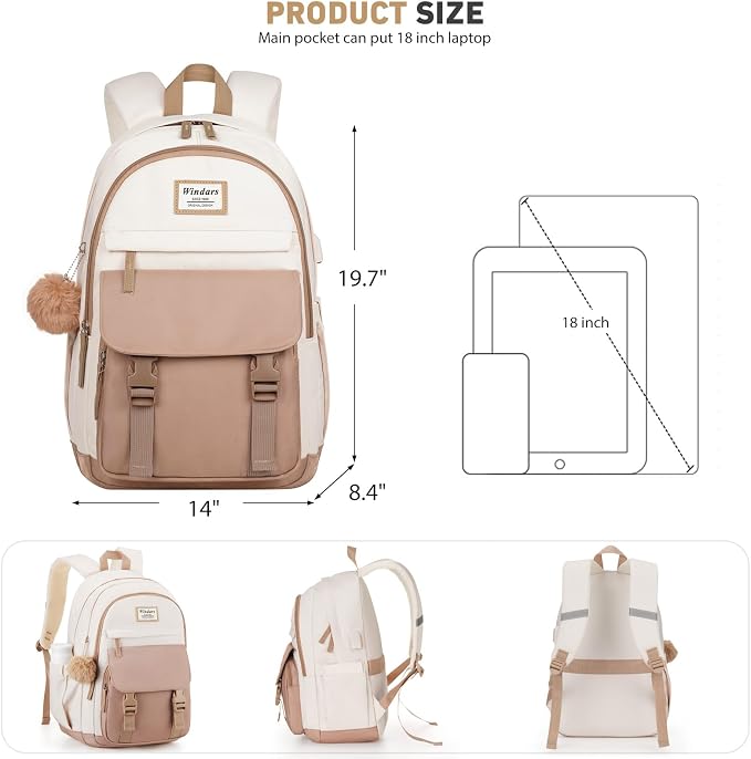 WINDARS School Backpack for Teen Girls, Cute College Backpacks for Women Students Aesthetic Bookbag Large 18 Inch Laptop Bag Middle School Travel Back Pack (Beige Khaki)