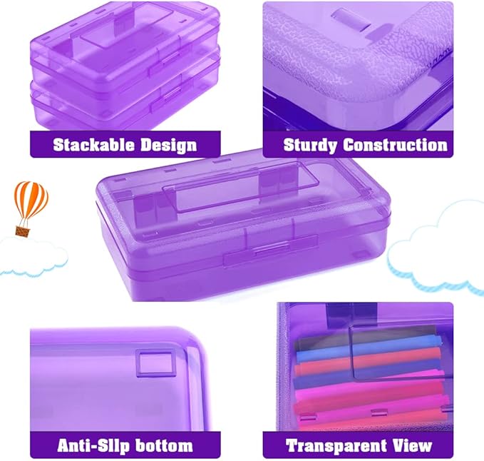 Pencil Case, Pencil Box, Clear Pencil Case, 2 Pack Plastic Pencil Case, Large Pencil Case, Clear Crayon Box with Snap-tight Lid Stackable Design, Plastic Storage Box for Office Supplies, Purple+Blue