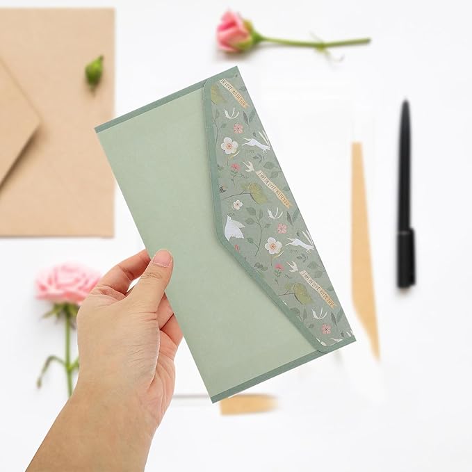 SECFOU 90pcs Lined Writing Paper and Envelope Set with Floral Design, Mint Green Thin Letter Sheets for Letter Writing and Invitations, Japanese Style Stationery for Office and School Use