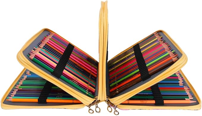 Vomgomfom 300 Slots Marker Bag, 4-Layer Zipper Portable Art Supply Organizer, PU Leather Large Capacity Marker Case Holds 100 Markers or 300 Colored Pencils with Handle (Yellow Flower)
