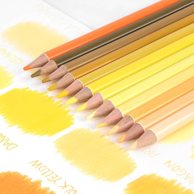Mifuner 12Pcs Yellow Colored Pencils Set, Oil Based Drawing Pencils, Pre-sharpened Wooden Professional Sketch Pencil Art Supplies for Adults, Coloring Books, No Duplicates
