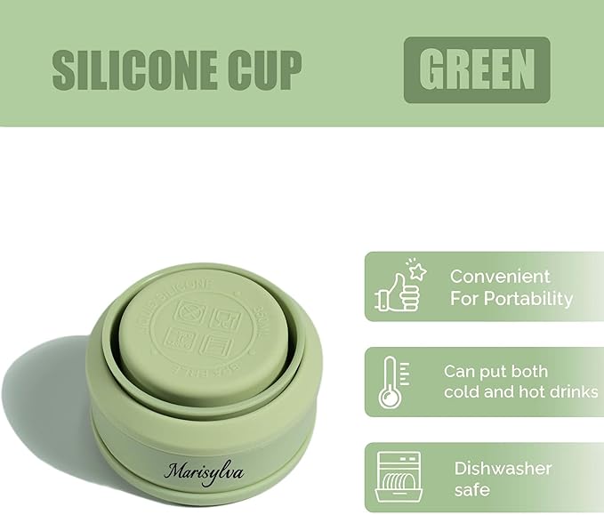 12oz Collapsible Water Bottles, Silicone Foldable Portable Travel Water Bottle, Folding Lightweight Reusable Leakproof for Traveling Camping Hiking Cycling Yoga Sports Green
