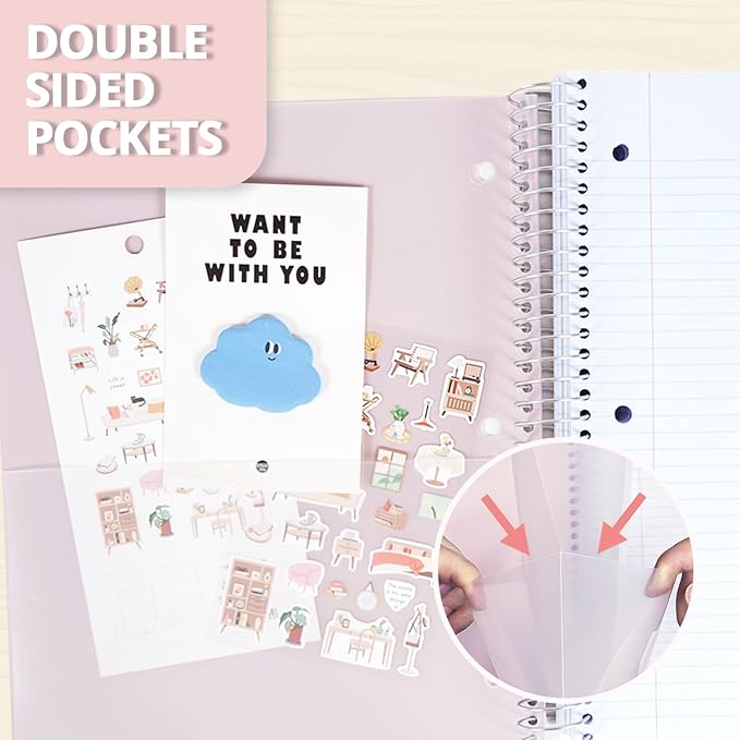 ONAVIA 5 Subject Spiral Notebook, 1 Pack, College Ruled, 9 x 11 in, 200 Sheets, Poly Cover, 3-Hole Punched with Dividers and Pockets for Classroom Study, Beige