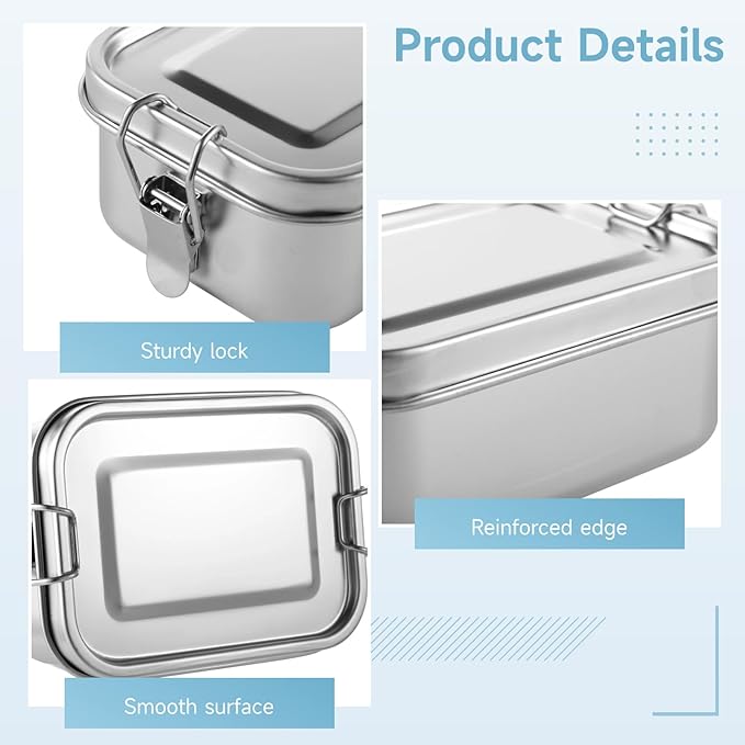 2 PCS Bento Boxes, 550 ML Stainless Steel Lunch Boxes, Food Storage Containers, Portable Metal Lunch Containers, Lockable Clips to Leak Proof, Reusable Dishwasher Safe Lunch Snack Boxes