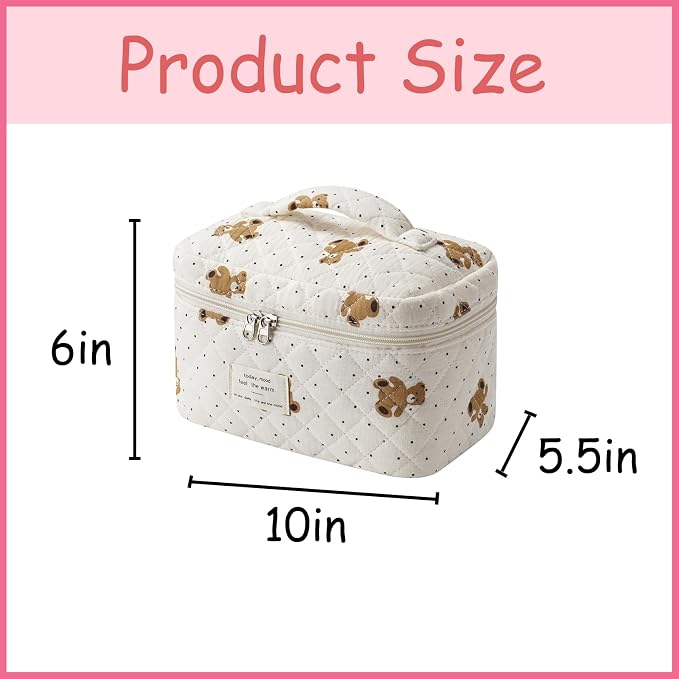 uekeboag Large Travel Quilted Makeup Bag for Women | Soft Floral Cotton Cosmetic Bag, Foldable Coquette Aesthetic Toiletry Organizer